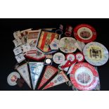 FOOTBALL - a box filled with football related memorabilia to include 9 pennants for Everton,