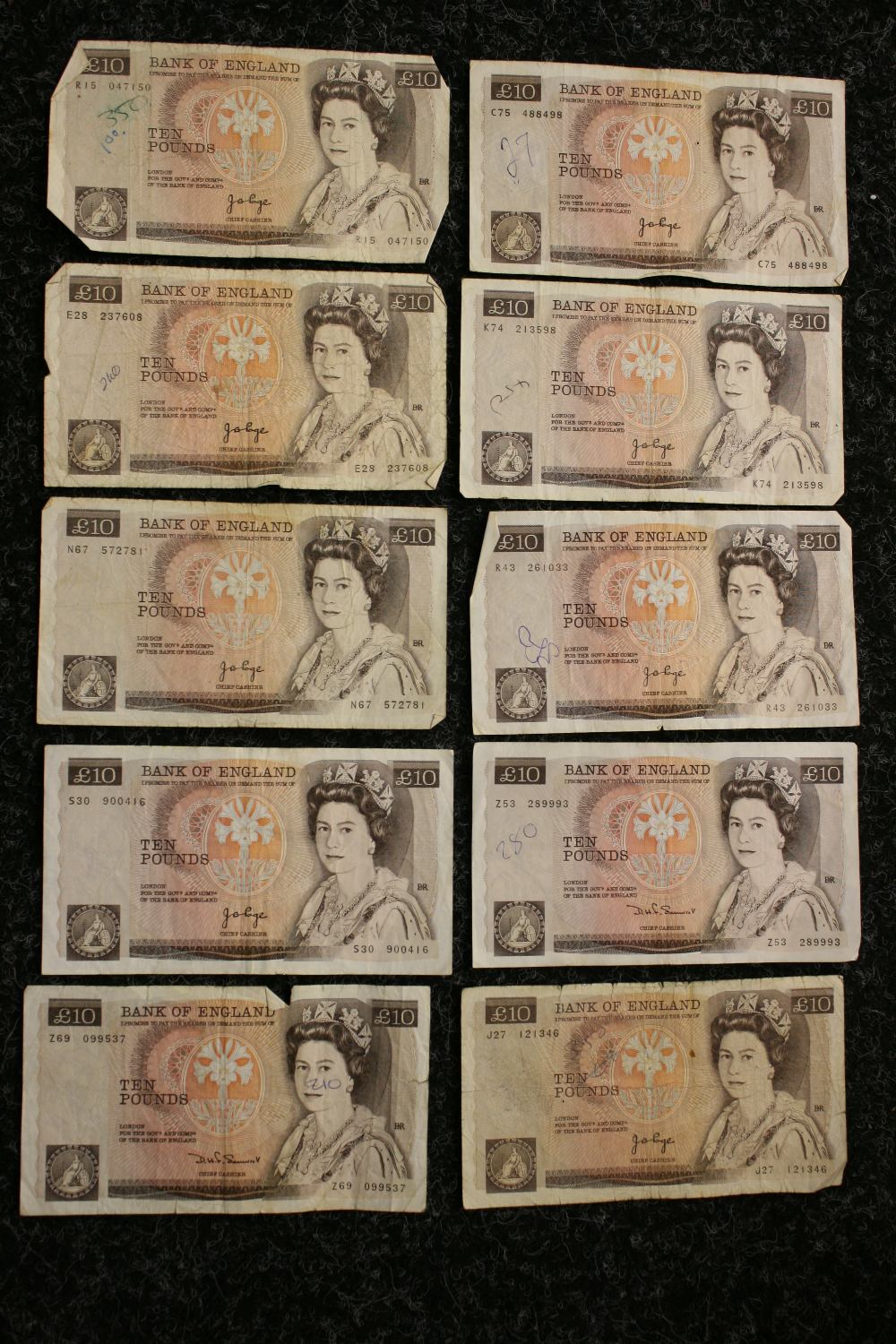 £10 BANK NOTES - a collection of 10 circulated British ten pound banknotes to include 8 x Page and