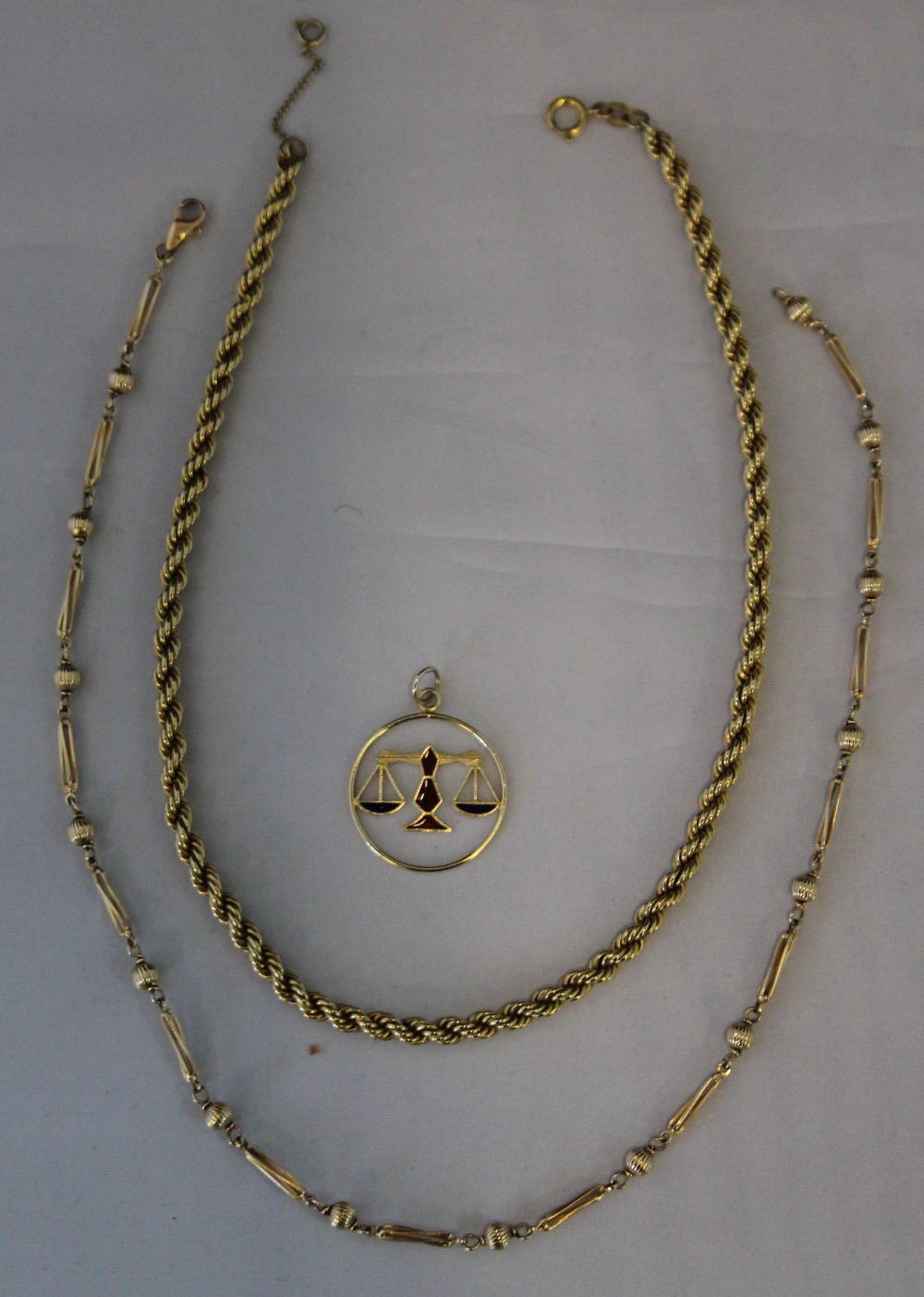 JEWELLERY - two 9ct Gold necklaces, one rope design (16g) and ball and link chain (12.