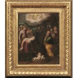 Pittore emiliano, sec. XVI ADORAZIONE DEL BAMBINO olio su tavola, cm 39x30 sul retro iscritto "F.
