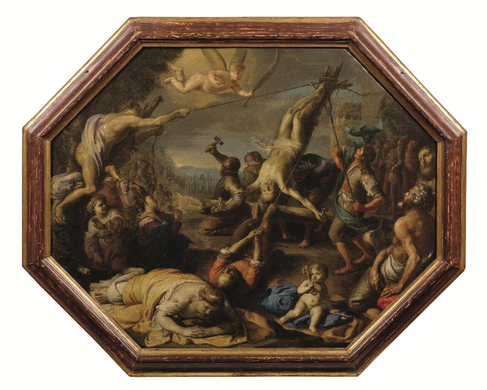 Bernardino Mei (Siena 1612-Roma 1676) MARTIRIO DI SAN PIETRO olio su tela ottagonale, cm 68x87