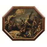 Bernardino Mei (Siena 1612-Roma 1676) MARTIRIO DI SAN PIETRO olio su tela ottagonale, cm 68x87