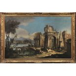 Scuola veneta, sec. XVIIIPAESAGGIO FLUVIALE CON ROVINE CLASSICHE E FIGUREolio su tela, cm 96,5x149,5