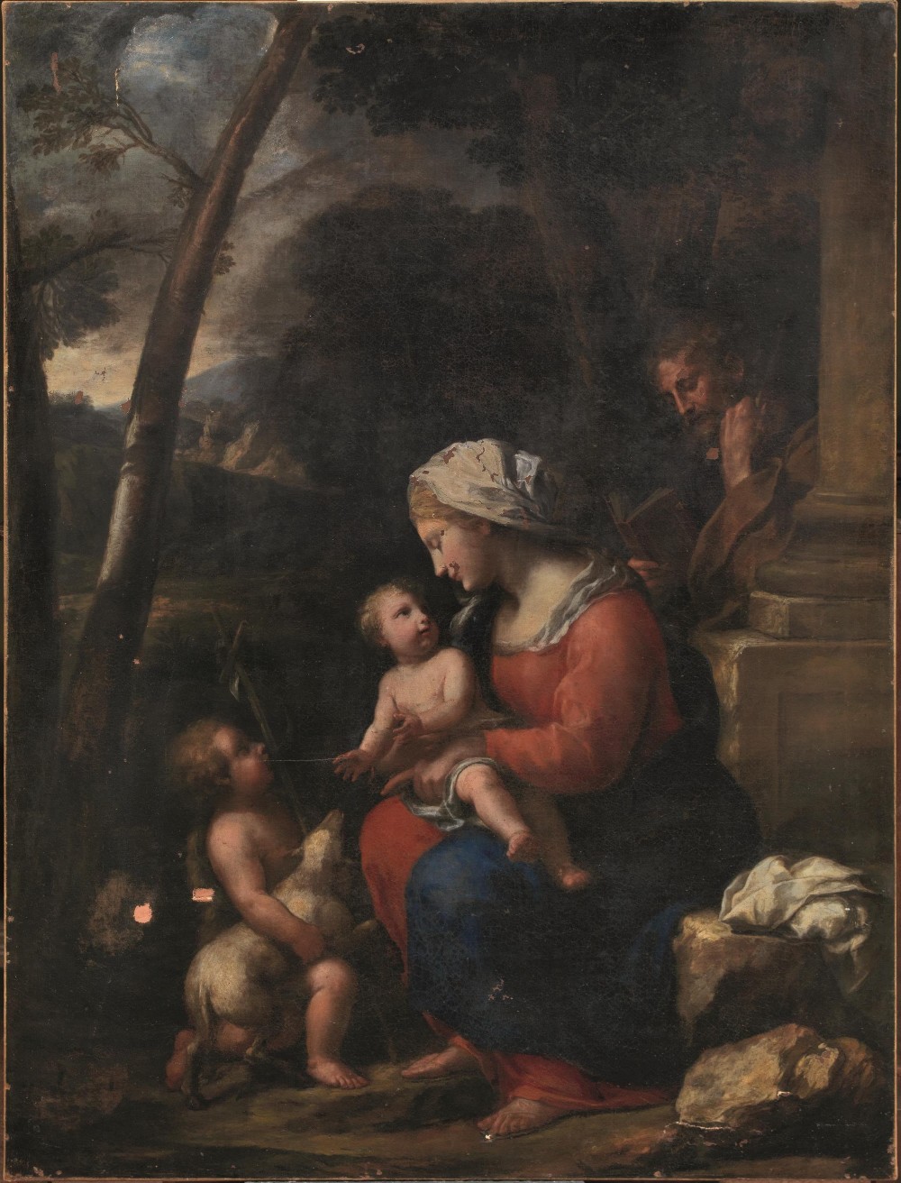 Onorio Marinari (Firenze 1627-1715) e bottega SACRA FAMIGLIA CON SAN GIOVANNINO IN UN PAESAGGIO olio