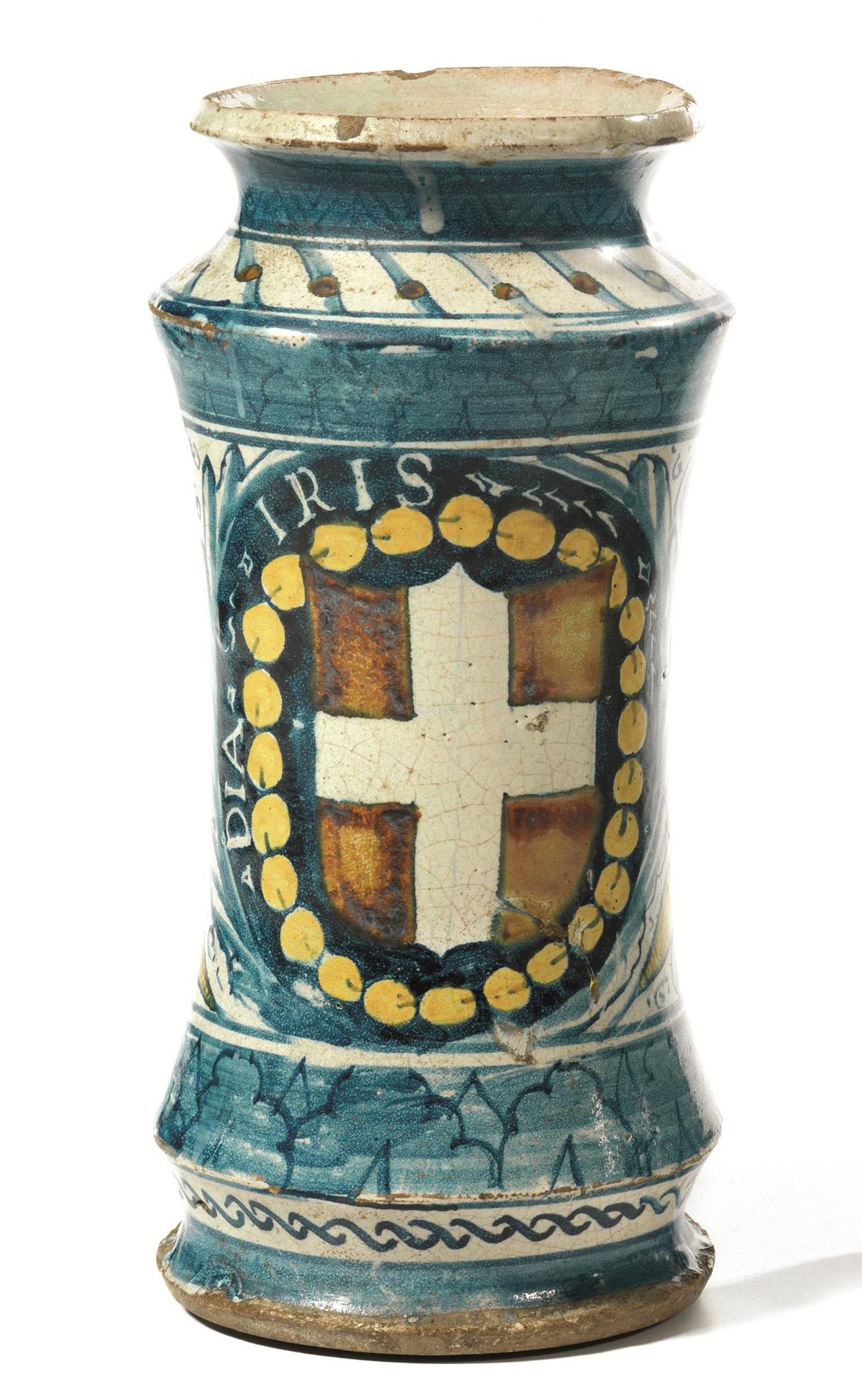 ALBARELLO, DERUTA, 1521-1534in maiolica decorata in policromia, corpo cilindrico rastremato al