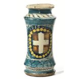ALBARELLO, DERUTA, 1521-1534in maiolica decorata in policromia, corpo cilindrico rastremato al