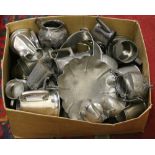 A box of assorted pewter wares and elect