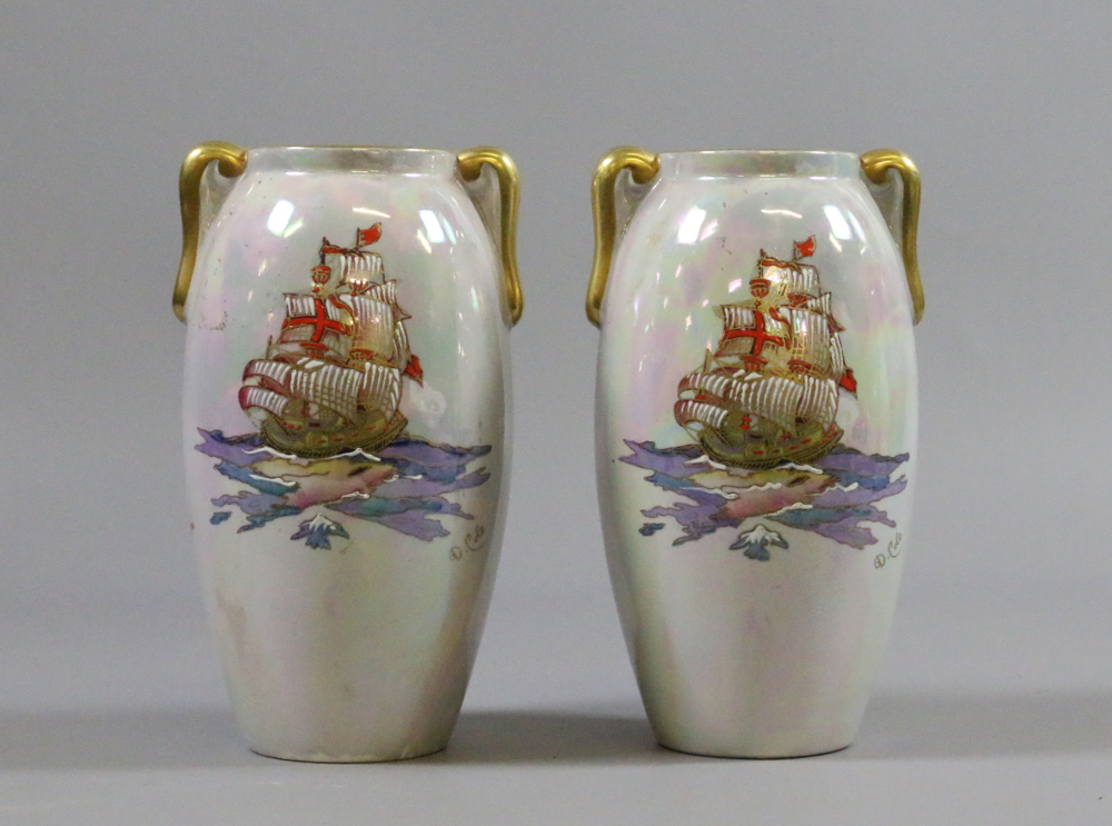 A pair of Crown Devon lustre glazed twin