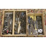 Two boxes of old tools, drill bits, tap