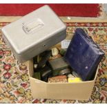 A box of old tins, jewellery boxes and a