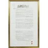 A gilt framed part handwritten legal doc