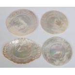 Four Cantonese mother of pearl dishes. One with pierced openwork twin handles and all with incised