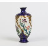 A cloisonne high shouldered vase. Ground in cobalt blue with gold rococo bands containing peonies,