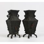 A pair of Japanese early twentieth century cold painted bronze square baluster vases. Ozier moulded,