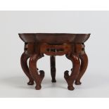 A Chinese carved hardwood dish topped ornament stand. Lotus petal in form, with openwork apron and