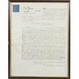 A framed handwritten legal document on v