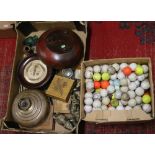 A box of assorted metalwares and wooden