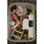 A box of assorted dolls house furniture