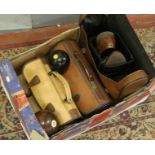 A box of Crown Green bowling balls carry