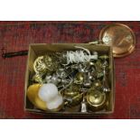 A box of various metalwares and tablelam