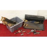 A joiners wooden tool box and contents t