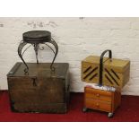 A pine blanket box along with two sewing boxes and contents and a wirework plantstand.