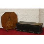 Stained pine tool chest along with an Art Deco firescreen set with a Crinoline lady.