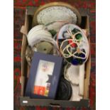 A box of miscellaneous ceramics and glass to include coloured glass eye baths, first day cover etc.