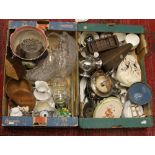 Two boxes of miscellaneous china, glasswares and wooden items to include silver plate,