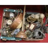 Two boxes of assorted metalwares and wooden items to include copper pans, decorative objects,