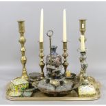 A tray of assorted metalwares to include antique brass candlesticks, cloisonne items,