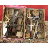 Two boxes of assorted tools including saws, drill bits and plane.