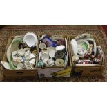 Three boxes of mixed ceramics including commemorative, cranberry glass, teawares, Carlton ware,