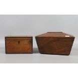 A Regency rosewood sarcophagus shaped tea caddy along with a C19th inlaid mahogany two section tea