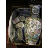 A box of miscellaneous ceramics and glasswares to include oriental mantel vase, Spode year plates,