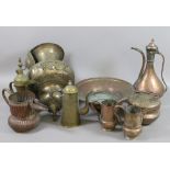 A collection of eastern metalwares, copper and brass to include hanging lantern, jugs, bowls etc.