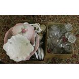 A box lot of ceramics to include commemorative tea and dinnerwares, silver plated jug and bowl,