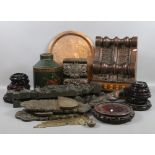 A collection of metalwares and wooden items to include carved wall brackets, oriental stands,
