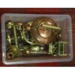 A box of assorted copper and brass metalwares to include kettle, cannon, horse and cart, etc.