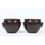 A pair of mid nineteenth century Chinese patinated bronze cache pots. With twin mask handles and