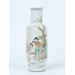 A Chinese Republic period rouleau vase. Decorated in coloured enamels with three figures in a garden