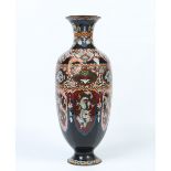 A large Japanese cloisonne hexagonal baluster floor vase. Black ground and decorated with panels