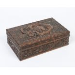 A late nineteenth / early twentieth century Chinese hardwood box with hinged cover. Carved with a