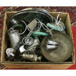 A box and contents of metalware to include silver plate and a copper kettle, etc.