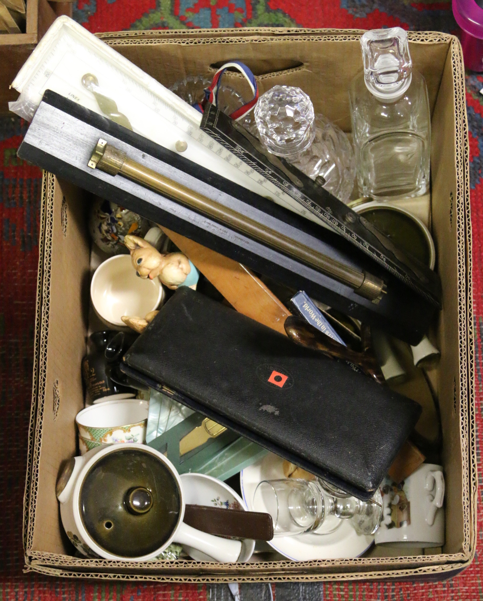 A box of miscellaneous ceramics and glasswares to include cut glass decanters and Denby along with