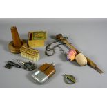 A collection of wooden items to include spinning top, Tunbridge brush, magnifying glass, etc.