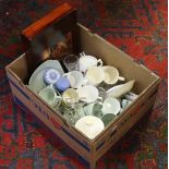 A box of miscellaneous including artists box, Royal Crown Derby, Sylvac biscuit barrel,