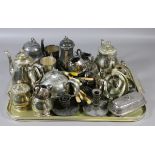 A tray of assorted metalwares including various silver plated teawares,