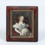 An ivory portrait miniature of a young lady holding her hat and a bouquet of flowers in a velvet
