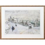 George Cunningham (1924-1996). Gilt framed watercolour. Snow scene of the Derwent Water Arms at